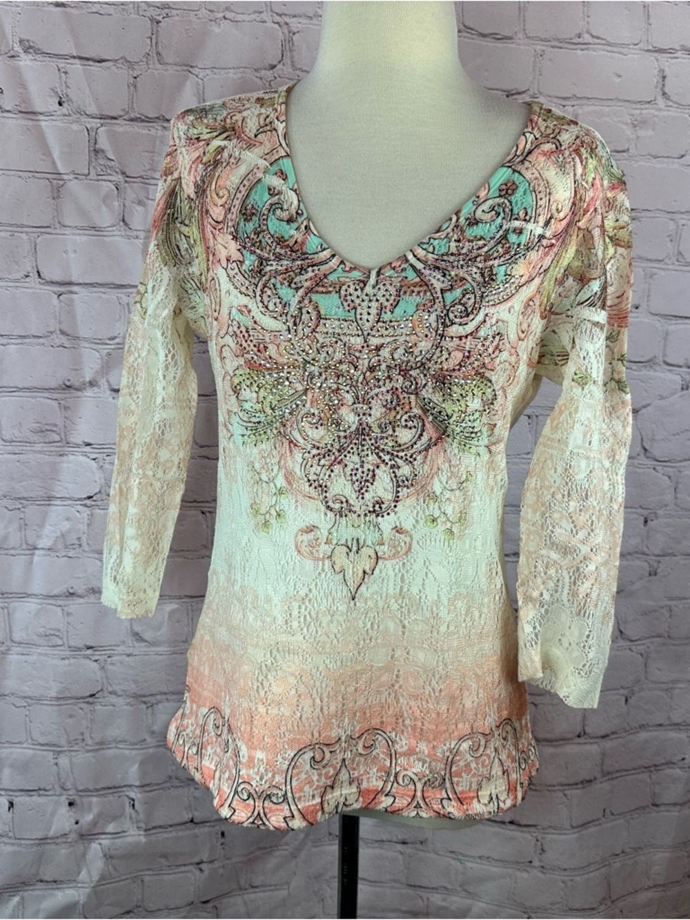 Reba Lace-Sleeve V-Neck Top western boho embellished women S country festival